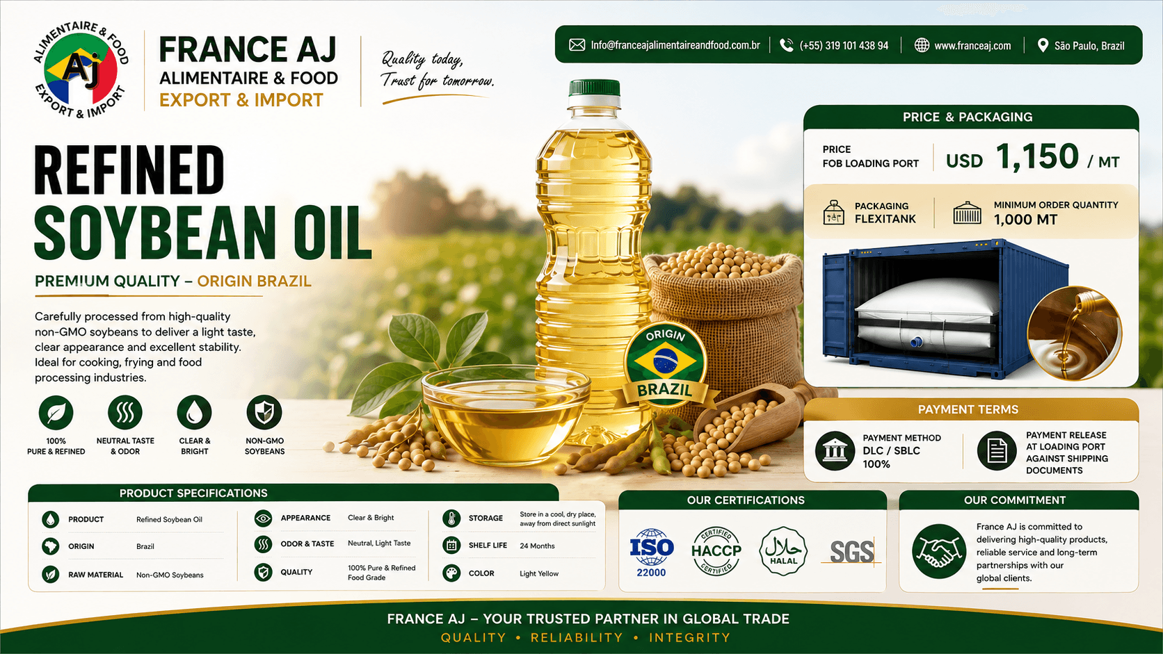 Brazil RBD Refined Soybean Oil – USD 1,150/MT FOB Bulk Export Offer