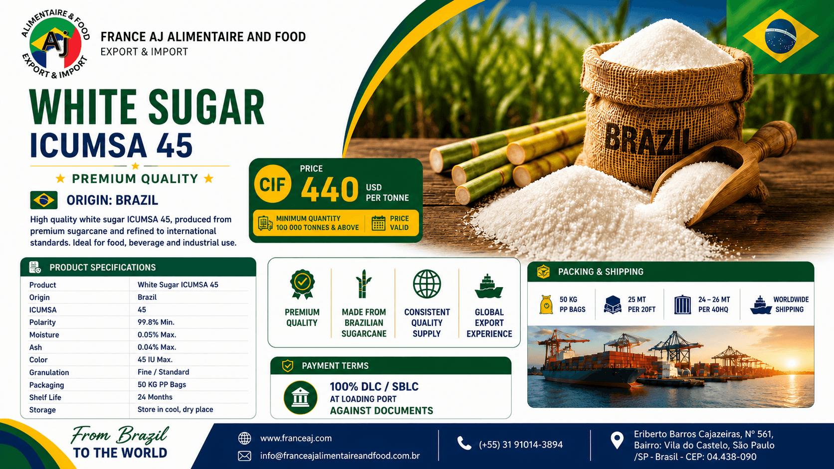 Wholesale ICUMSA 45 Sugar from Brazil | Bulk Export & CIF Pricing