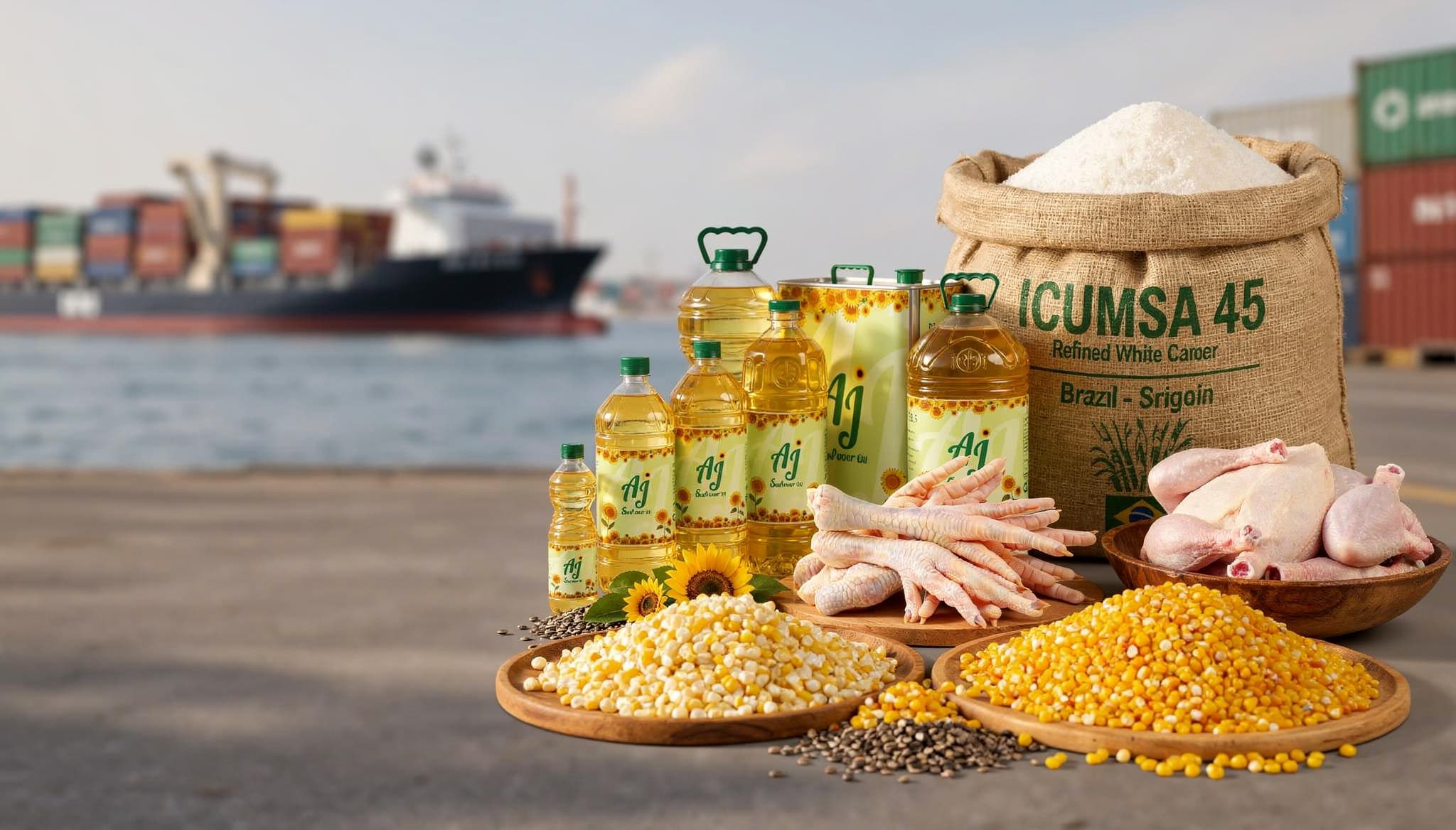 Wholesale ICUMSA 45 sugar, cooking oil, Non-GMO corn, whole chicken and chicken paws for global export