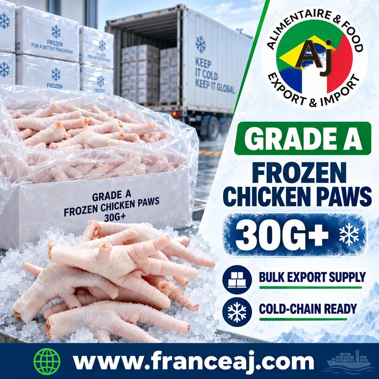 Pés de frango congelados Halal Grade A 30g+ em caixas de exportação para container, fornecimento multi-origem | France AJ Alimentaire And Food LTDA