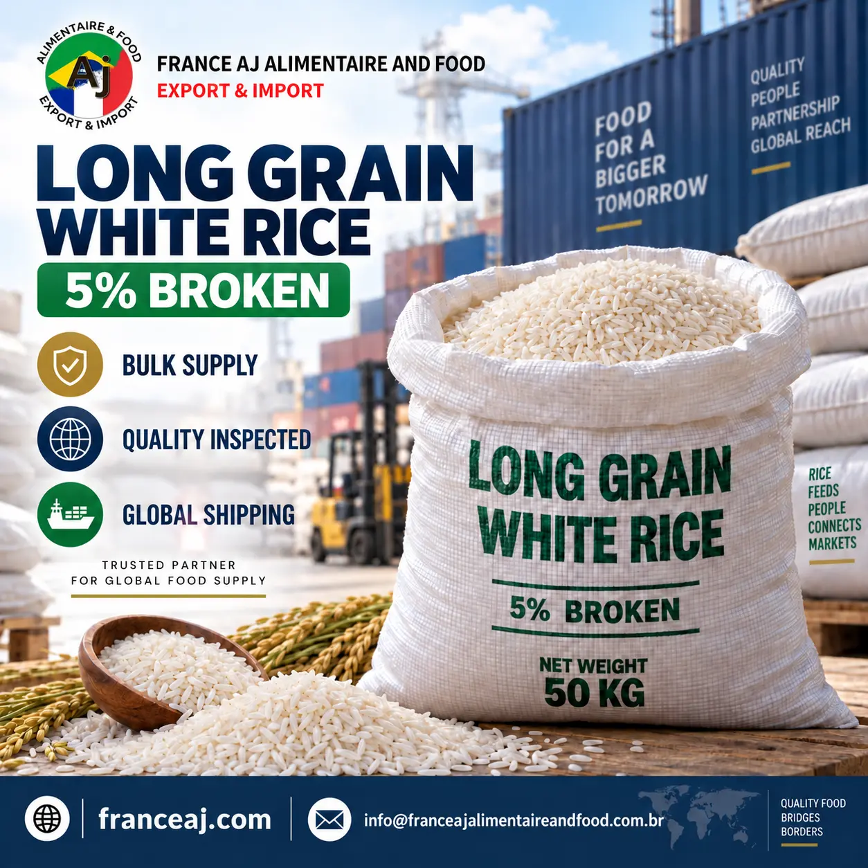 5% broken rice supplier, non-basmati long grain, multi-origin bulk and bagged export | France AJ Alimentaire And Food LTDA