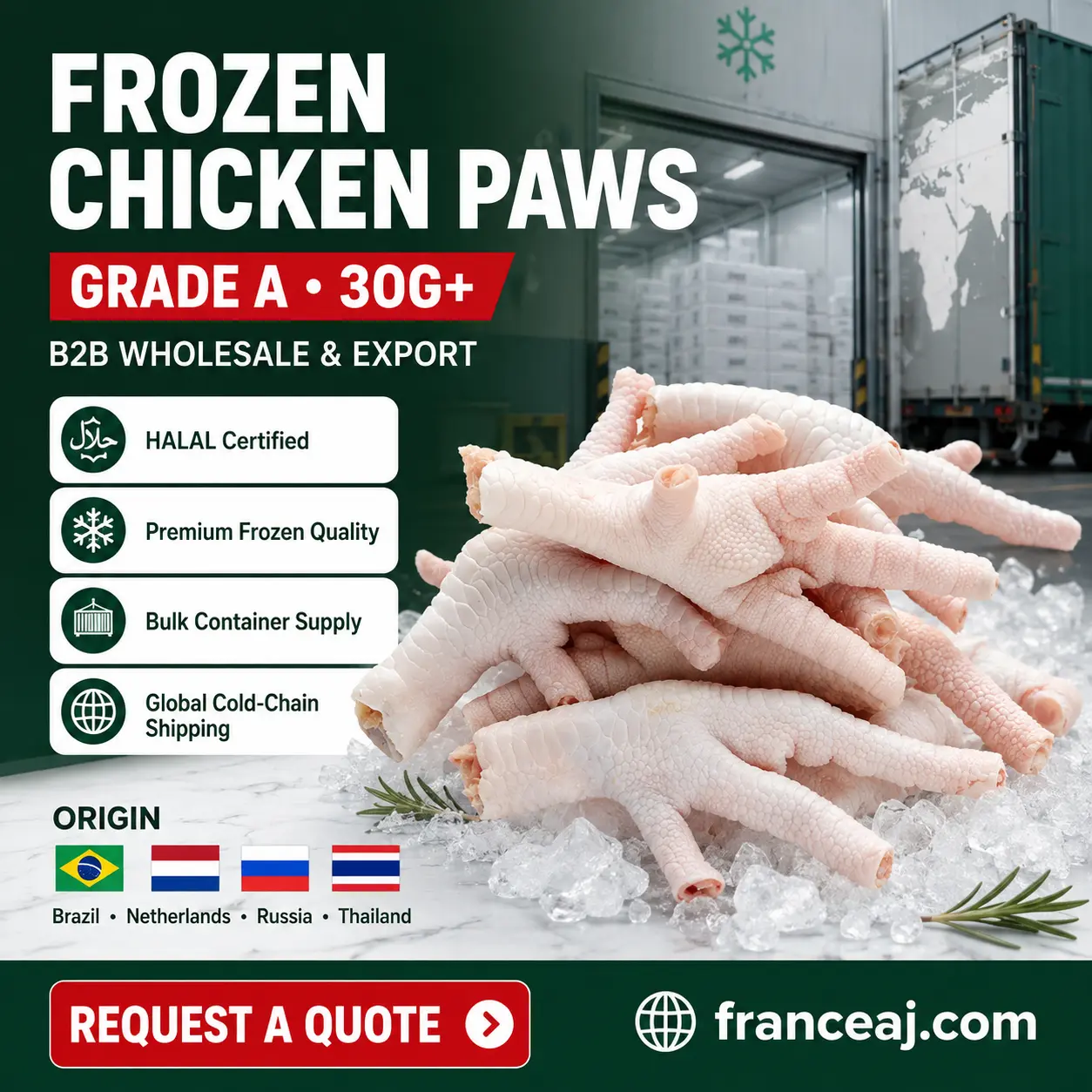 Bulk Grade A frozen chicken paws 30g+ in export cartons for wholesale container export, CIF China supply
