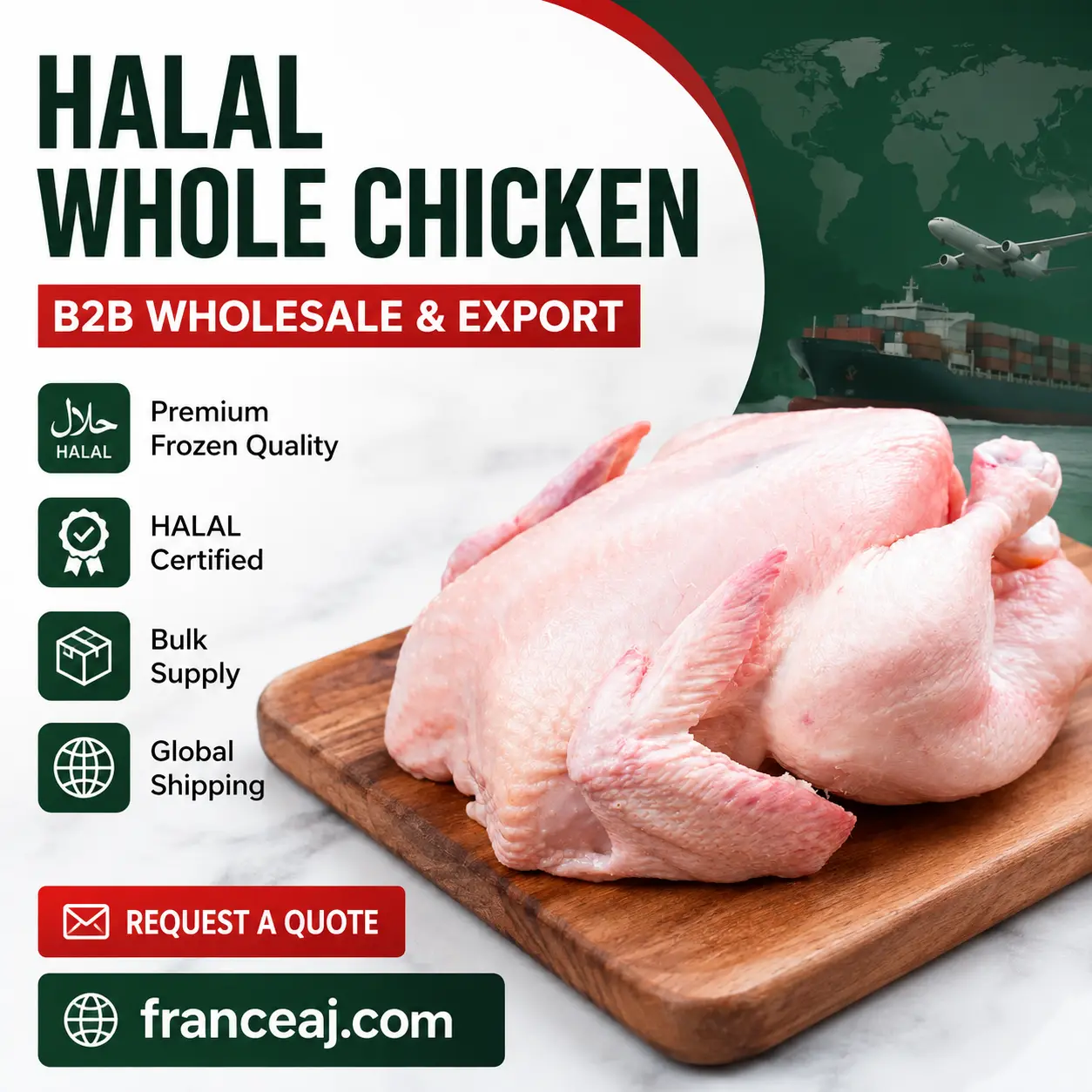 Bulk halal frozen whole chicken (broiler) Grade A in export cartons for wholesale container export
