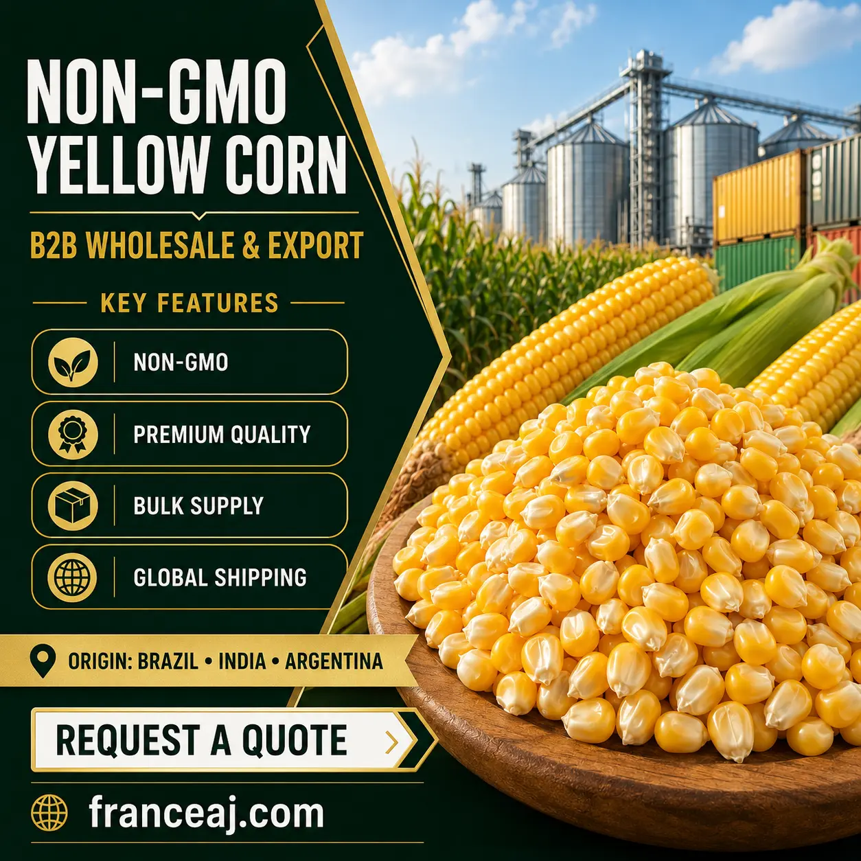 Bulk Non-GMO yellow corn (maize) in 50kg bags for wholesale export, feed and food grade