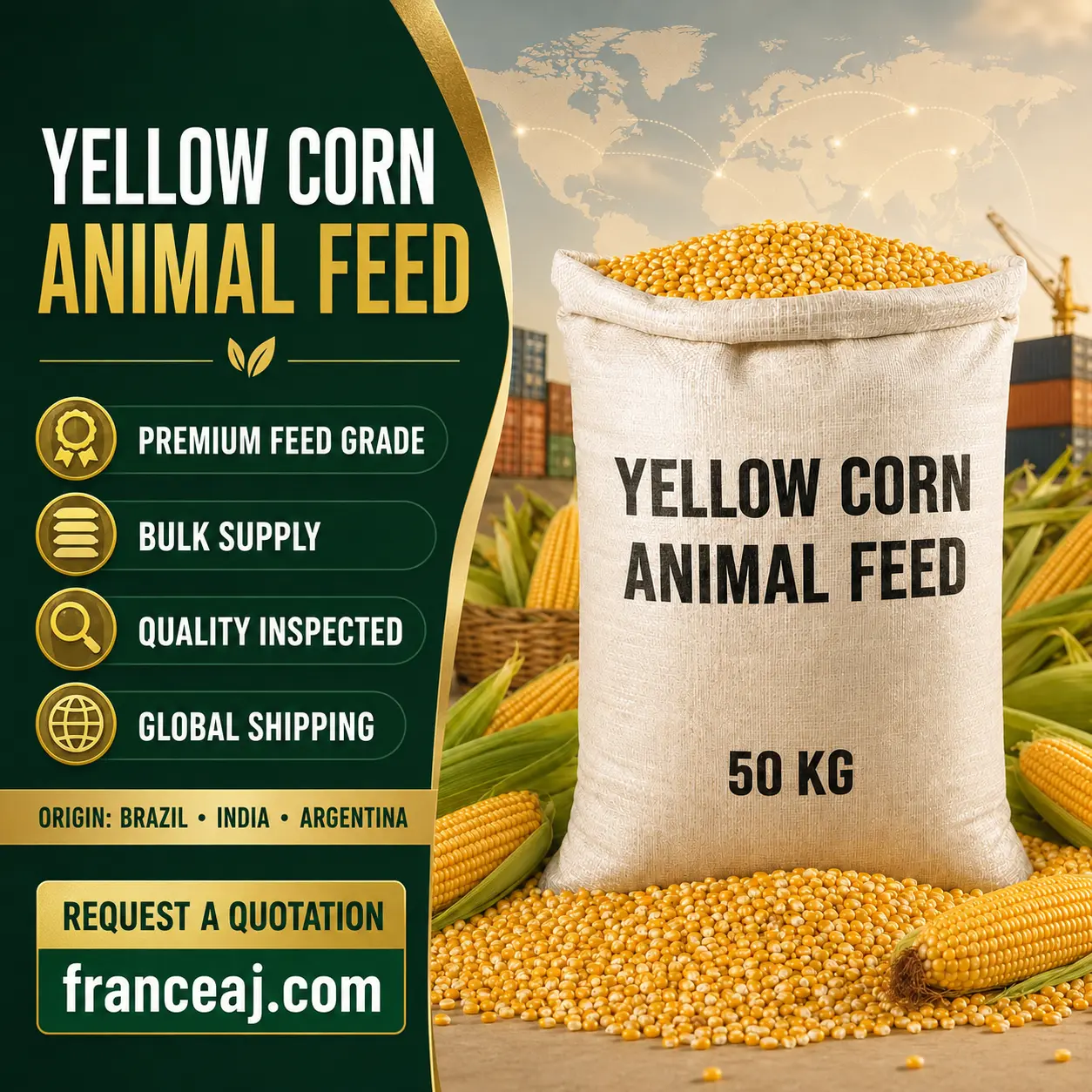 Milho amarelo para ração animal a granel e em sacos de 50 kg para atacado e exportação