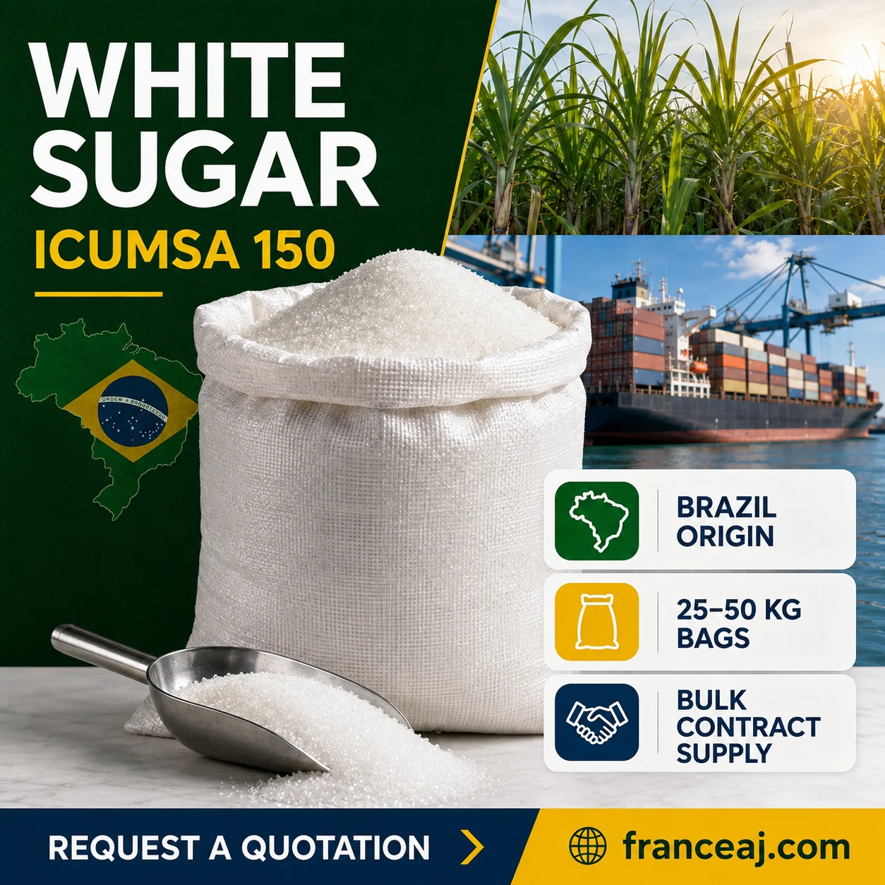 Brazil white crystal sugar ICUMSA 150 in 25kg bag for bulk wholesale export