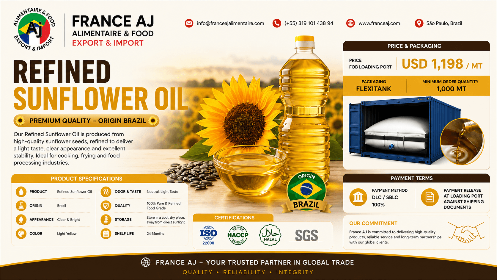 Brazil Refined Sunflower Oil – USD 1,198/MT FOB Bulk Export Offer