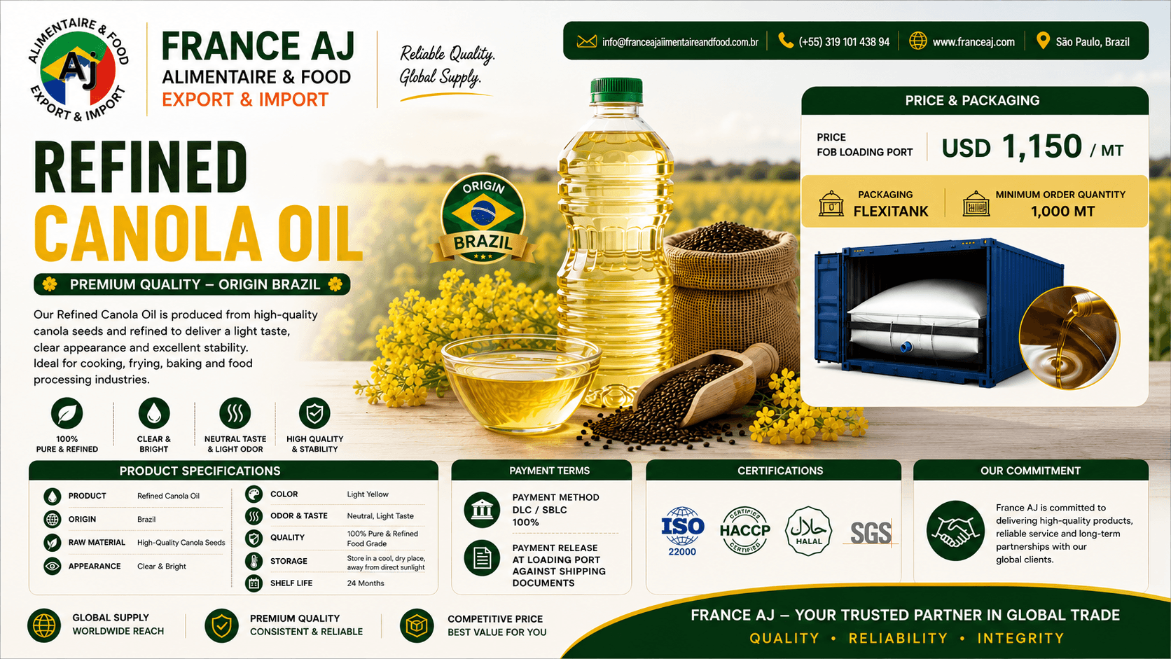 Refined Canola Oil FOB Price 2026: USD 1,150/MT — Bulk Supply from Brazil, Thailand & Global Origins