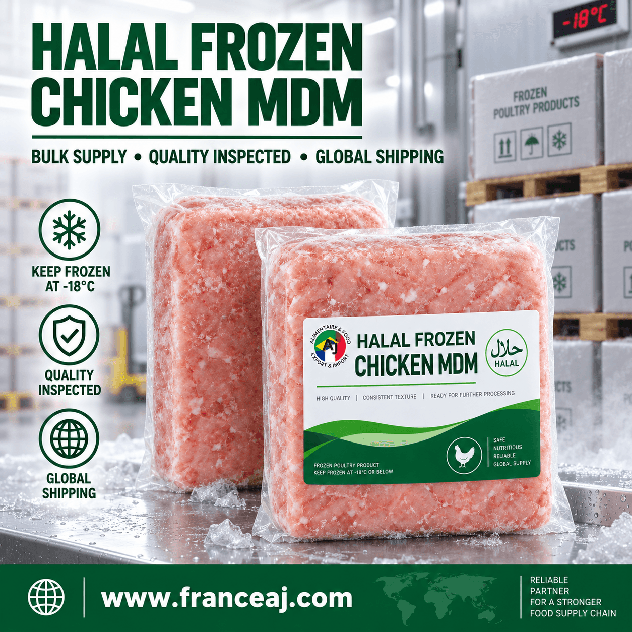 Halal frozen chicken MDM (mechanically deboned meat) — polyblock export cartons for bulk wholesale from Brazil | France AJ Alimentaire And Food Export And Import LTDA