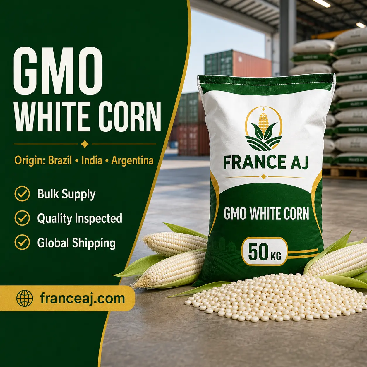 Milho branco GMO a granel, fornecedor e exportador do Brasil, Índia e Argentina no atacado | France AJ Alimentaire And Food LTDA
