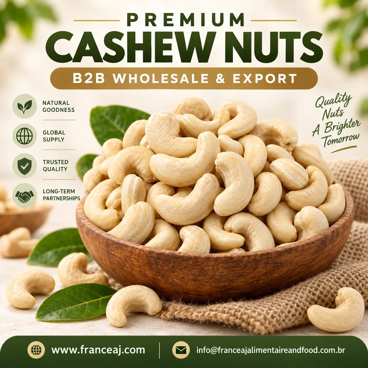 Wholesale cashew nuts and cashew kernels W180 to W500 from Cambodia and Vietnam, bulk container export | France AJ Alimentaire And Food LTDA
