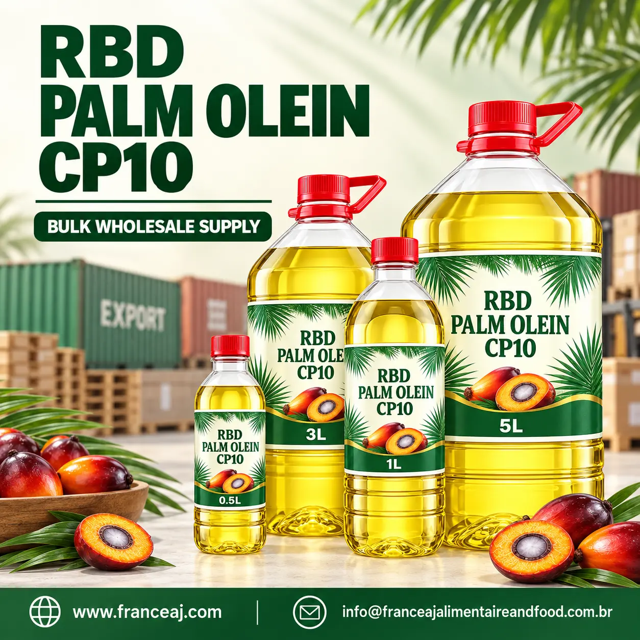 RBD Palm Olein CP10 wholesale export from Malaysia, Indonesia and Thailand, bulk flexitank, IBC tank and 1L to 20L retail supply | France AJ Alimentaire And Food LTDA