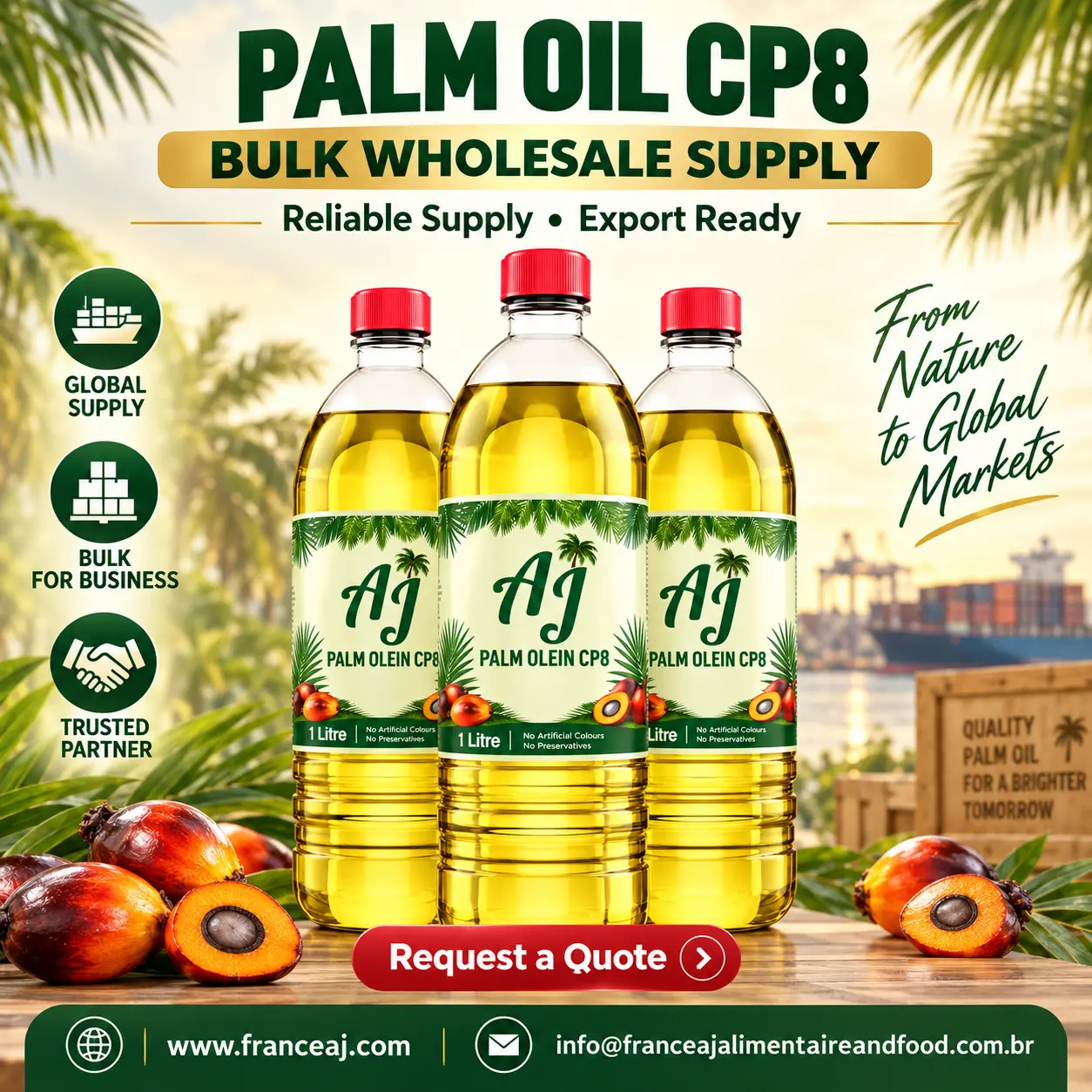 RBD Palm Olein CP8 wholesale export from Malaysia and Indonesia, bulk flexitank and ISO tank supply | France AJ Alimentaire And Food LTDA