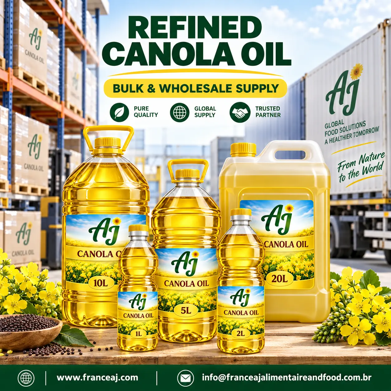 Refined Canola Oil for bulk wholesale export in flexitank and 1L-20L retail formats, multi-origin supply | France AJ Alimentaire and Food Import and Export LTDA