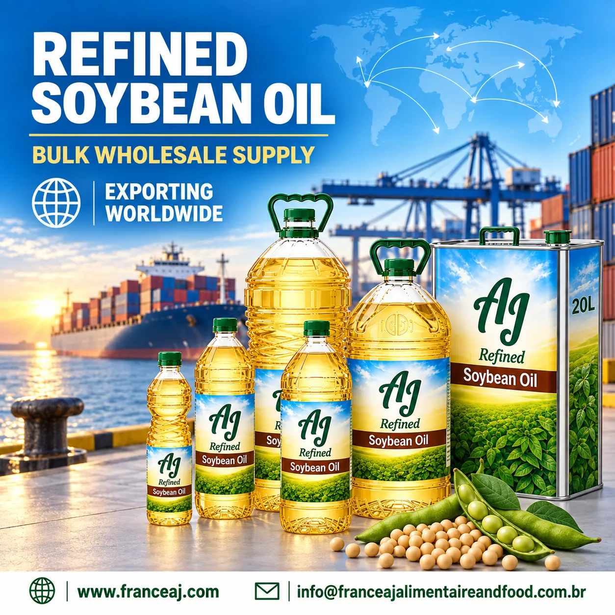 Refined Soybean Oil for bulk wholesale export in flexitank and 1L-20L retail formats, multi-origin supply | France AJ Alimentaire and Food Import and Export LTDA