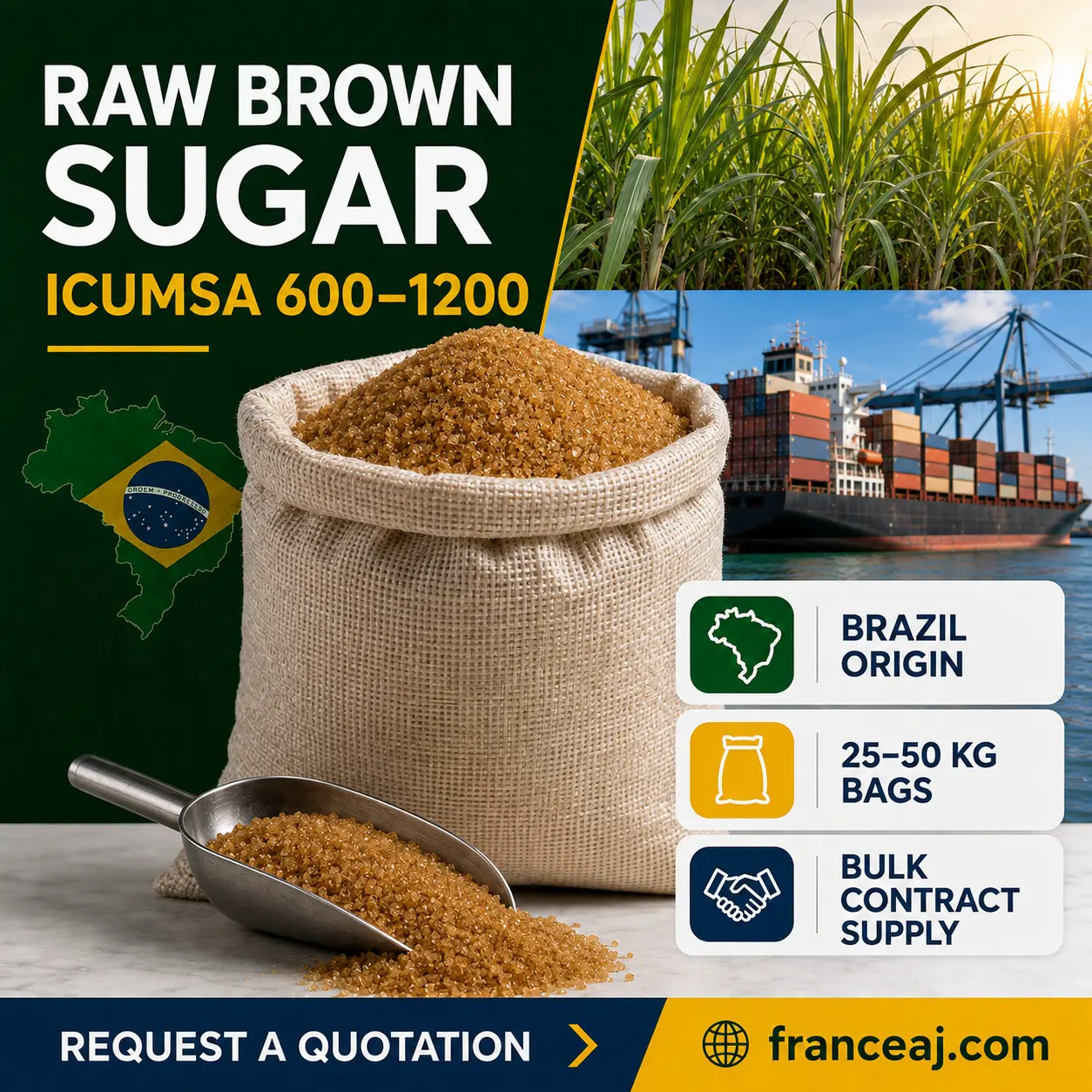 Raw Brown Sugar ICUMSA 600-1200 (VHP) - Bulk Wholesale Export