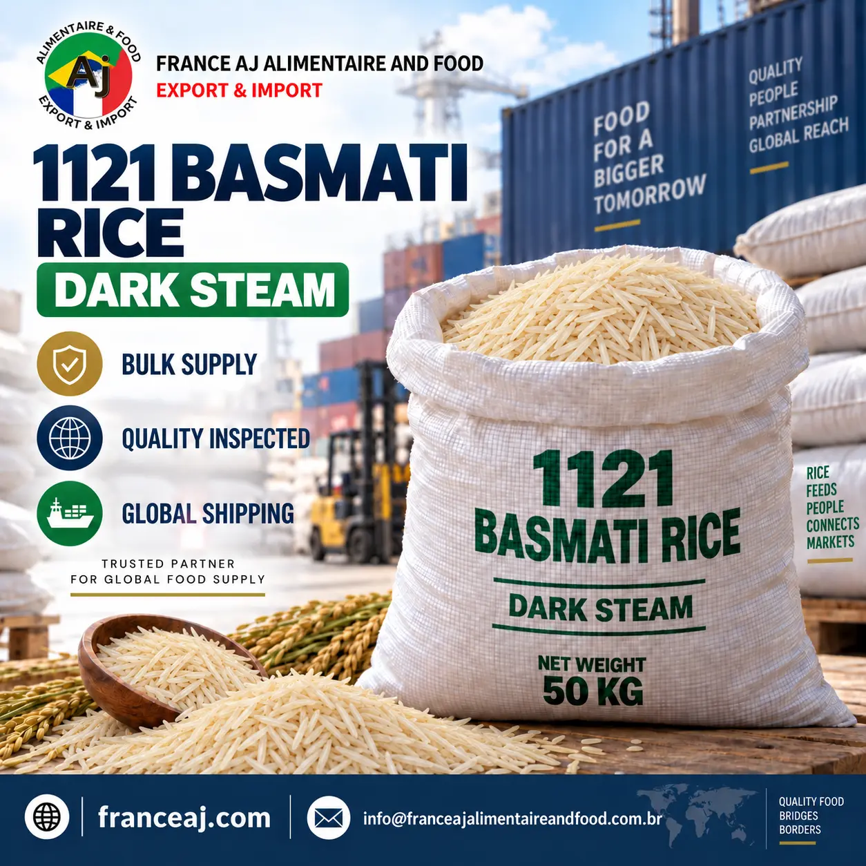 Fornecedor de arroz basmati 1121 vapor escuro, grão extra longo, dupla origem Índia Paquistão, exportação ensacada | France AJ Alimentaire And Food LTDA
