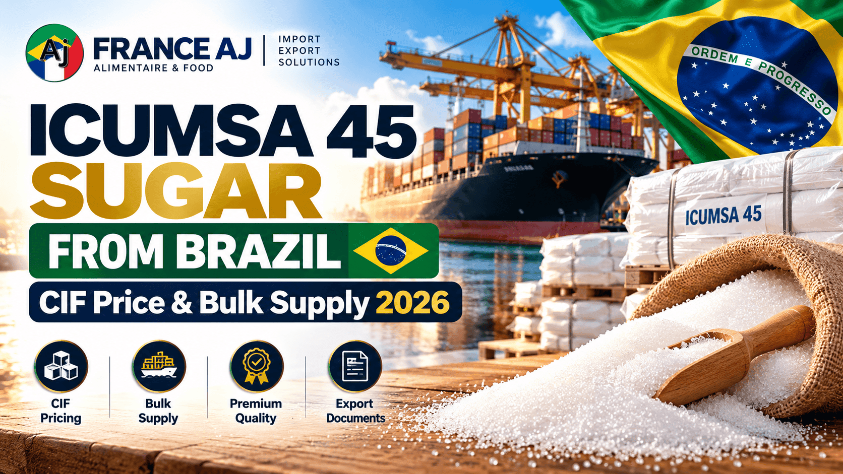 Brazil ICUMSA 45 refined white sugar bulk export and CIF pricing guide 2026, featuring sugar bags, Brazilian flag and cargo ship.