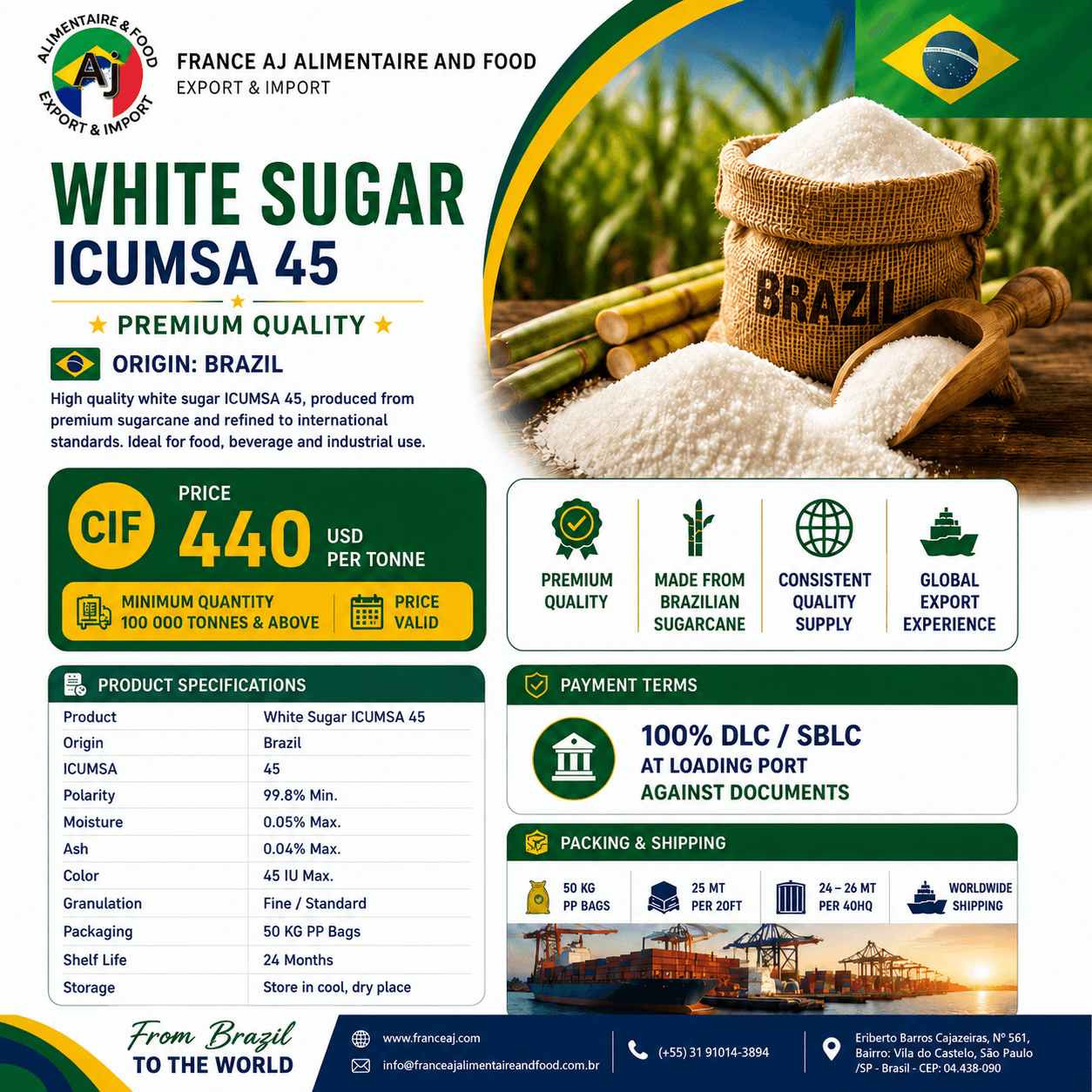 Wholesale ICUMSA 45 white sugar from Brazil in 50 kg export bag supplied by France AJ with bulk CIF pricing