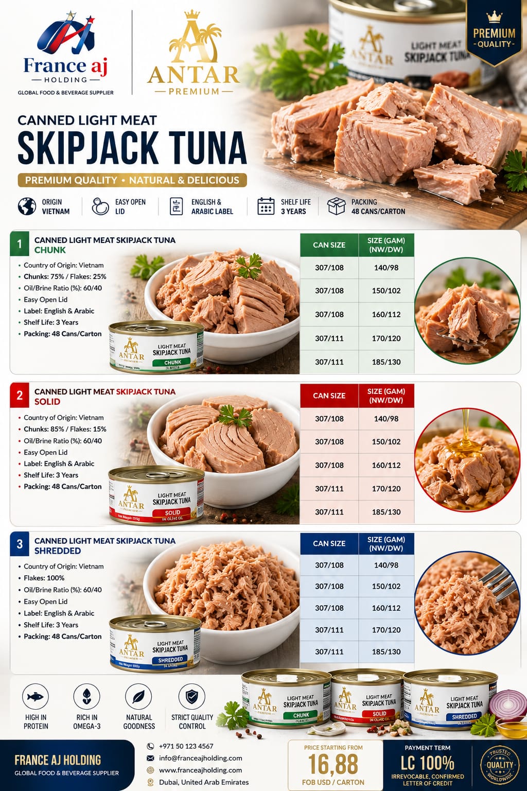Atum Skipjack Enlatado no Atacado do Vietnã - Guia B2B de Compra e RFQ Atum skipjack enlatado no atacado do Vietnã: latas ANTAR Premium em pedaços, sólido e ralado, 48 latas por caixa, para exportação B2B pela France AJ