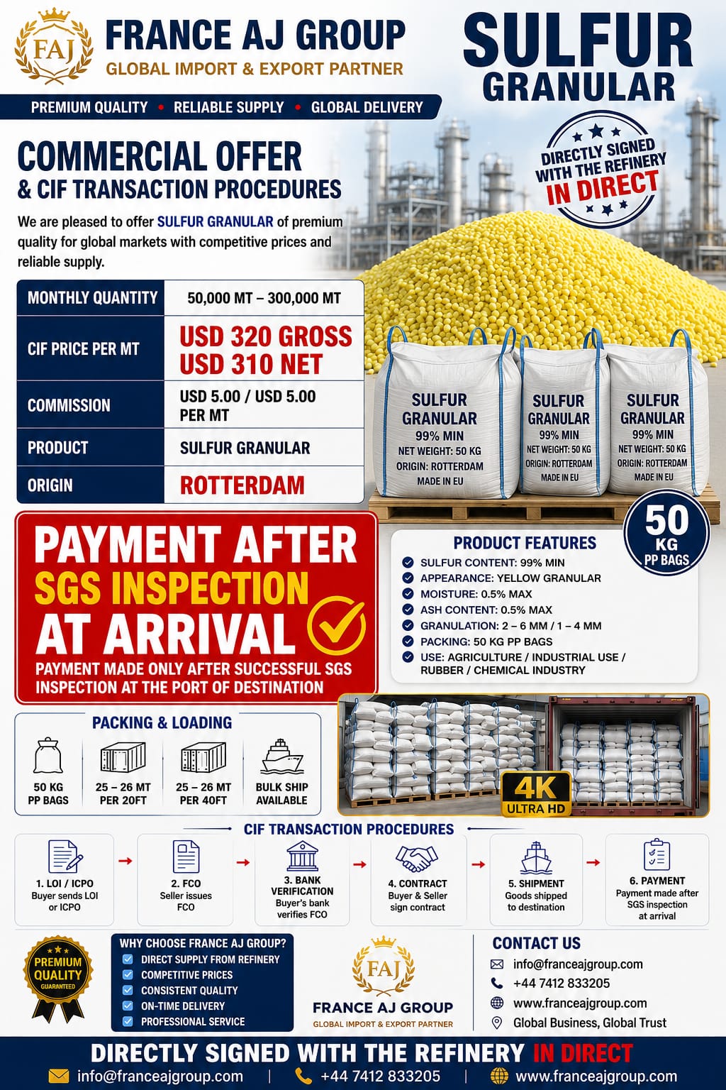 Rotterdam Granular Sulphur 99% Bulk Export Rotterdam granular sulphur 99% min bulk export promotion by France AJ with CIF quotation