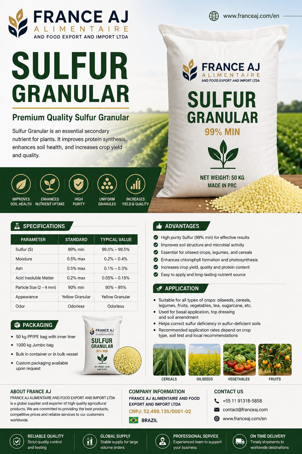 Kazakhstan granular sulphur 99% min bulk export promotion by France AJ with CIF quotation