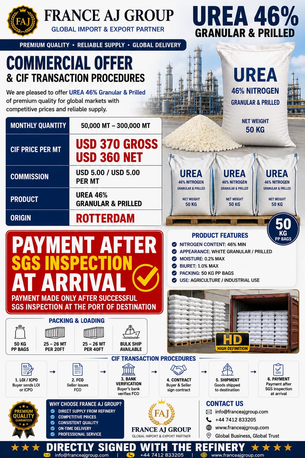 Exportação a Granel de Ureia 46 Granulada e Perolada de Rotterdam Promoção de exportação a granel de Ureia 46 granulada e perolada de Rotterdam pela France AJ