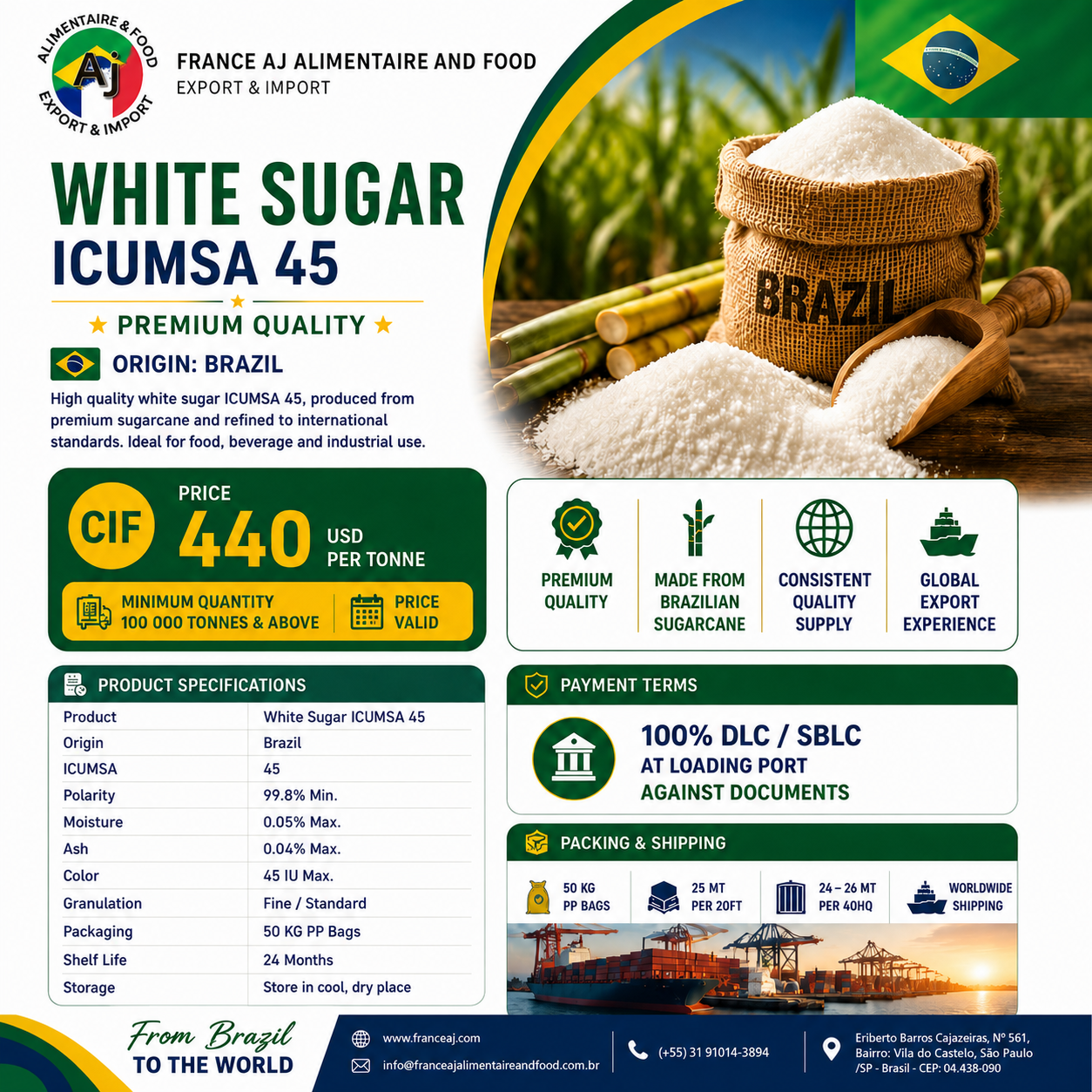 Wholesale ICUMSA 45 white sugar from Brazil bulk export by France AJ with CIF pricing